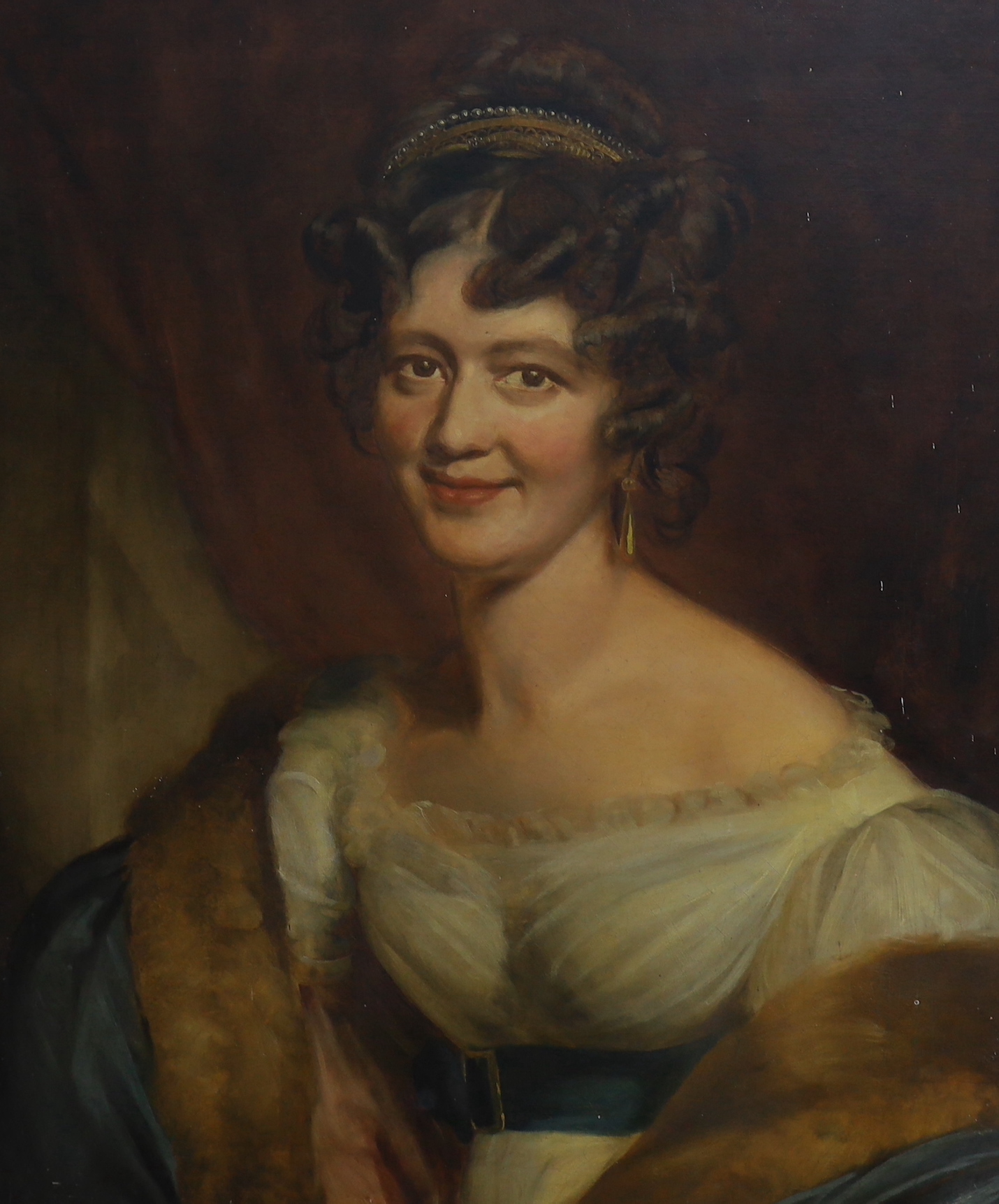 Victorian School, oil on canvas, portrait of a lady wearing 1820’s/1830’s dress, probably overpainted, unframed, 76cm x 63cm